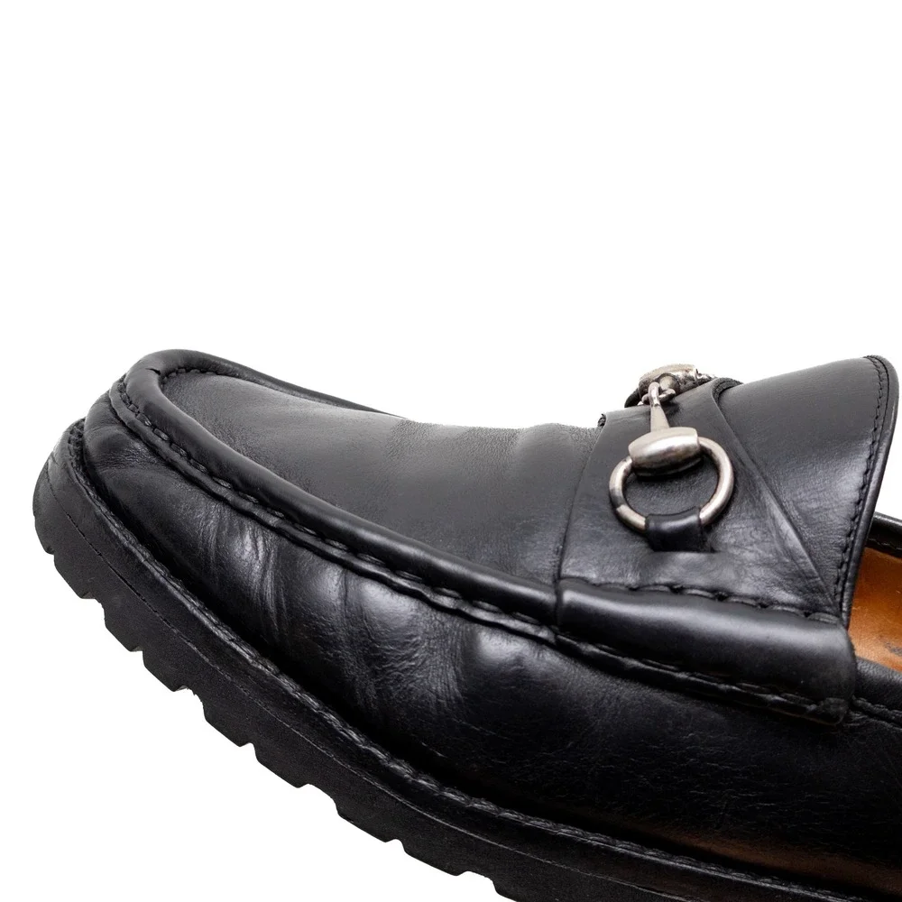 Gucci Vintage Mens Black Leather Horsebit Loafers Vibram Lug Sole Size 10